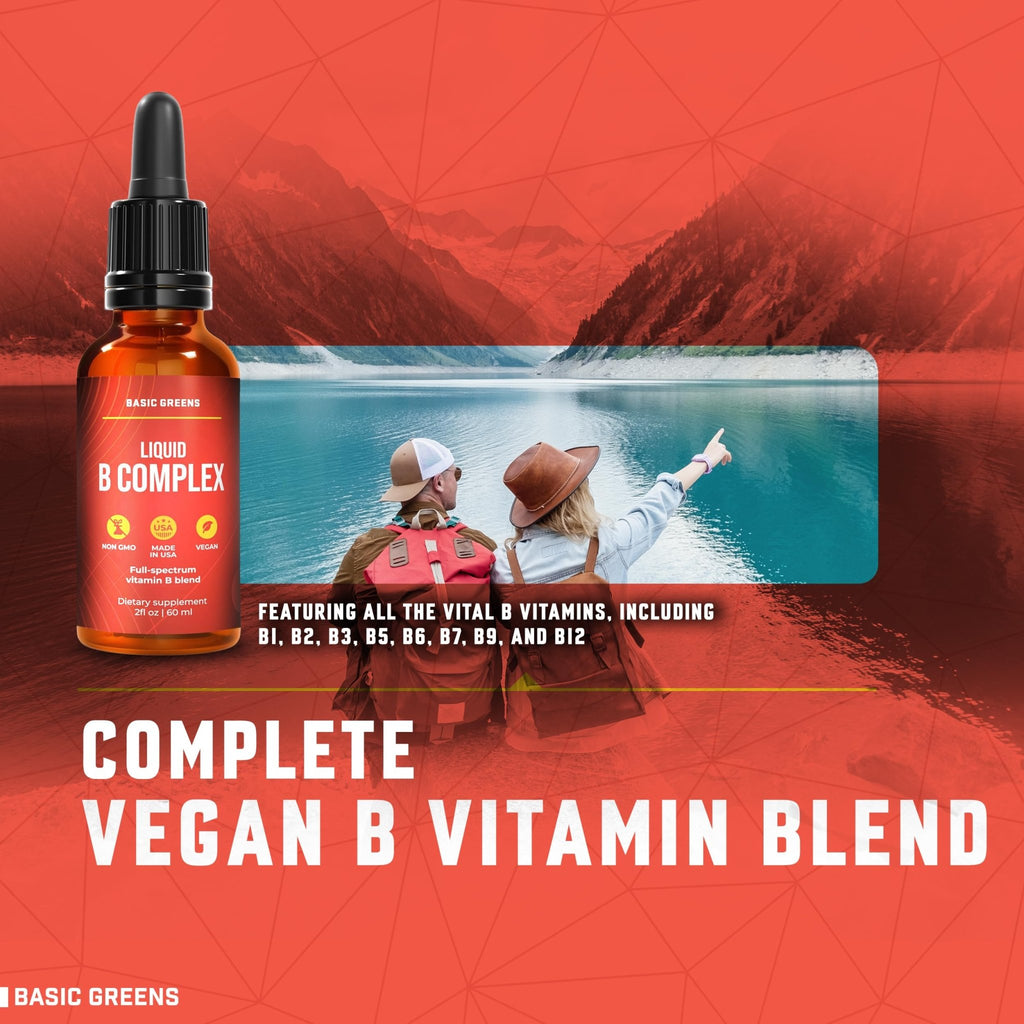 BASIC GREENS Vitamin B Complex Liquid Drops - Strength Sublingual Formula, Maximizes Absorption & Boosts Energy - B1, B2, B3, B5, B6, B7, B9, B12 - Natural Vegan Supplement - FENGGESTORE20
