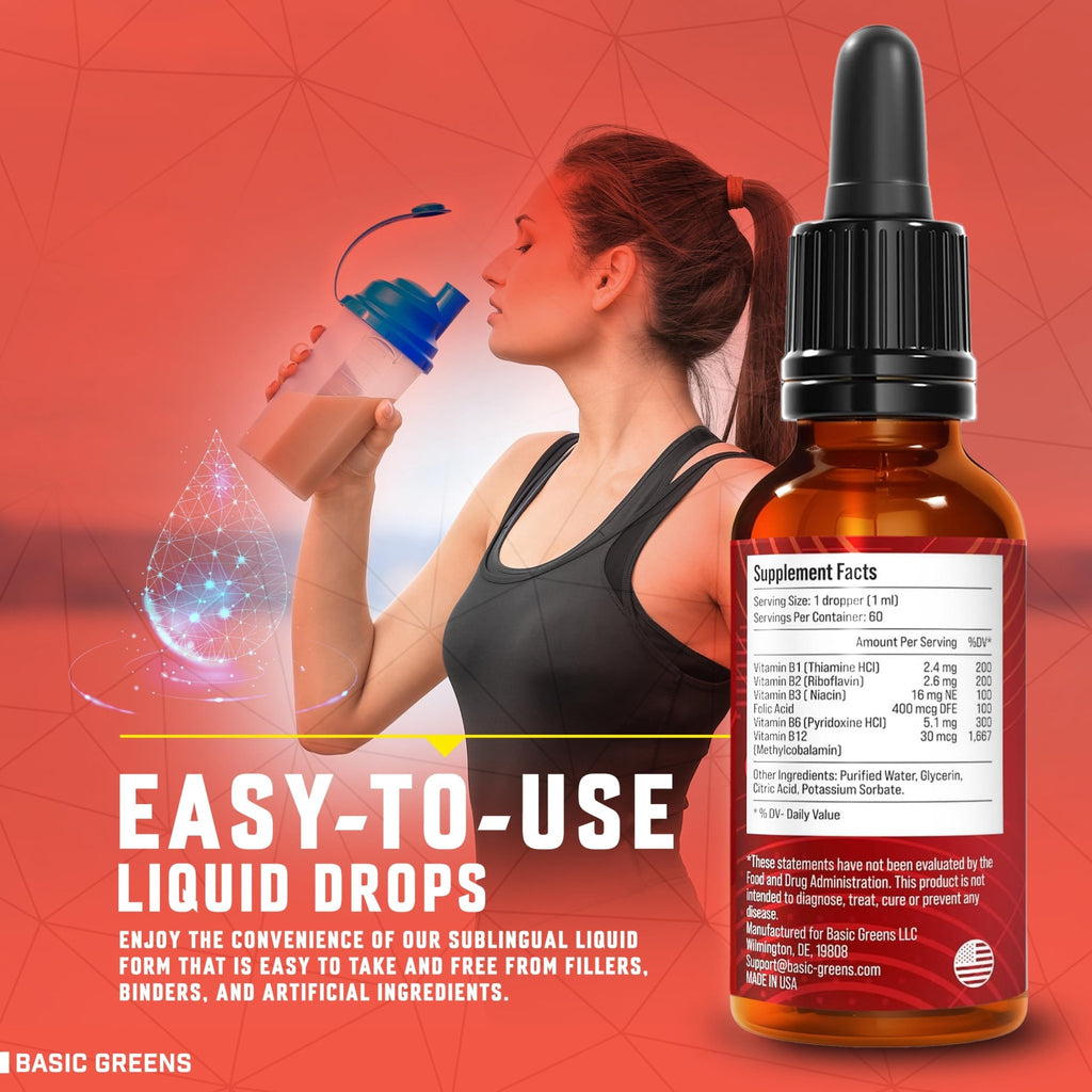BASIC GREENS Vitamin B Complex Liquid Drops - Strength Sublingual Formula, Maximizes Absorption & Boosts Energy - B1, B2, B3, B5, B6, B7, B9, B12 - Natural Vegan Supplement - FENGGESTORE20