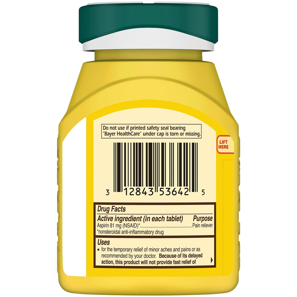 Bayer Aspirin Low Dose 81 mg, Enteric Coated Tablets, Doctor Recommended, Secondary Prevention of Cardiovascular Disease, 300 Safety Coated Tablets (Packaging may vary) - FENGGESTORE20