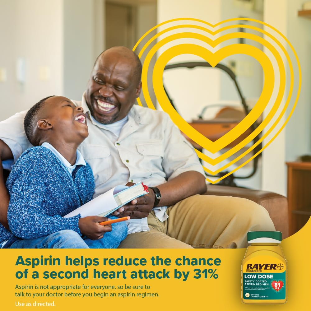 Bayer Aspirin Low Dose 81 mg, Enteric Coated Tablets, Doctor Recommended, Secondary Prevention of Cardiovascular Disease, 300 Safety Coated Tablets (Packaging may vary) - FENGGESTORE20