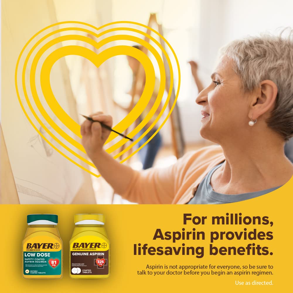 Bayer Aspirin Low Dose 81 mg, Enteric Coated Tablets, Doctor Recommended, Secondary Prevention of Cardiovascular Disease, 300 Safety Coated Tablets (Packaging may vary) - FENGGESTORE20