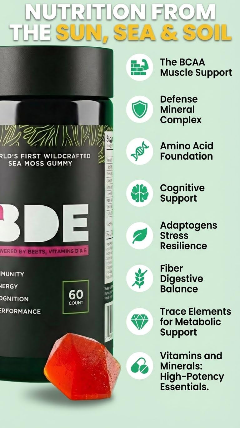 BDE Wildcrafted Sea Moss Gummy Maca Root, Beets, Lions Mane Mushroom, Vitamin D + E - Vegan Collagen, Zinc - FENGGESTORE20