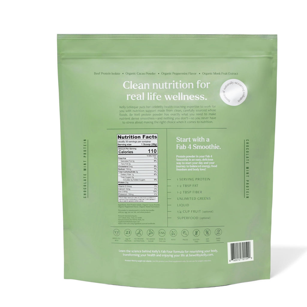 Be Well by Kelly Mint Chocolate Grass-Fed Beef Protein Powder, 23G of Protein & 1G of Carbs (4 Ingredients, 30 Servings) 9 Amino Acids + 3 BCAAs No Soy, - FENGGESTORE20