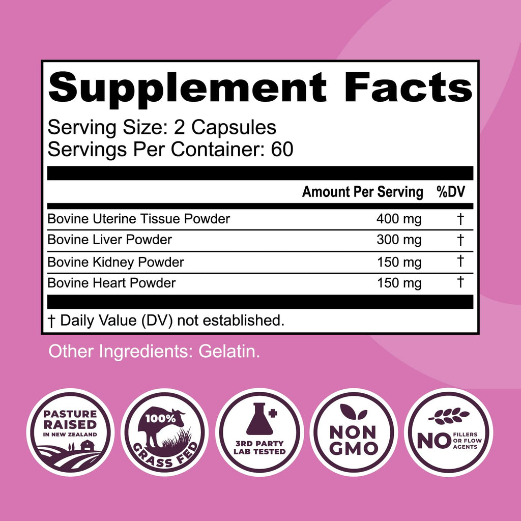 Beef Organ Supplement for Women - Beef Liver, Kidney, Heart and Uterus Tissue, Supports Women's Overall Energy and Health - Pasture Raised in New Zealand - FENGGESTORE20