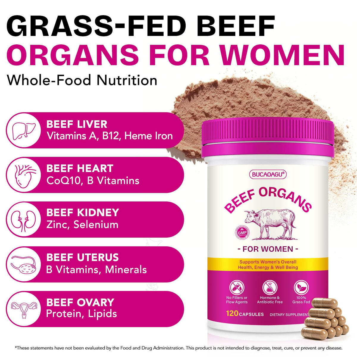 Beef Organ Supplement for Women - Grass-Fed Beef Liver, Kidney, Heart, Uterus, Ovary - Supports Female Energy & Hormone Balance - Pasture Raised in New Zealand - FENGGESTORE20