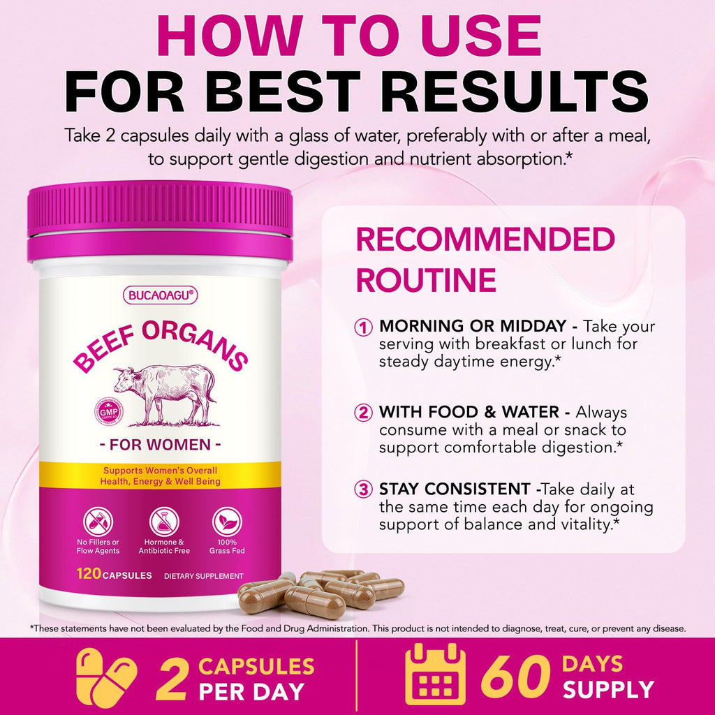 Beef Organ Supplement for Women - Grass-Fed Beef Liver, Kidney, Heart, Uterus, Ovary - Supports Female Energy & Hormone Balance - Pasture Raised in New Zealand - FENGGESTORE20