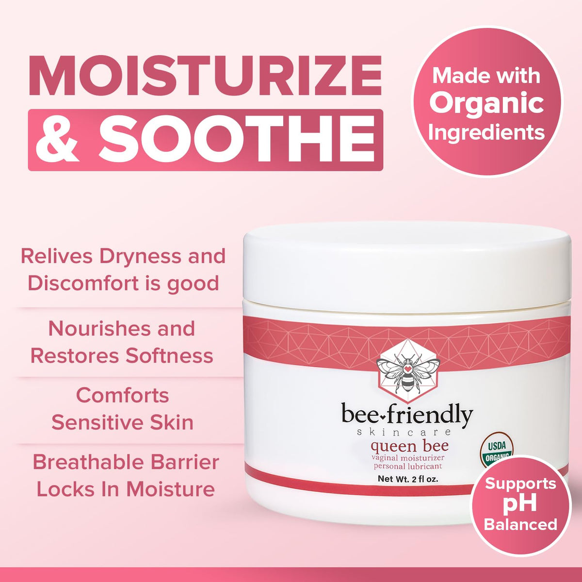 BeeFriendly Organic Vaginal Moisturizer, USDA Certified, Natural Vulva Cream For Dryness, Itching, Irritation, Redness, Chafing Of Vagina Due To Menopause & Thinning 2 oz - FENGGESTORE20