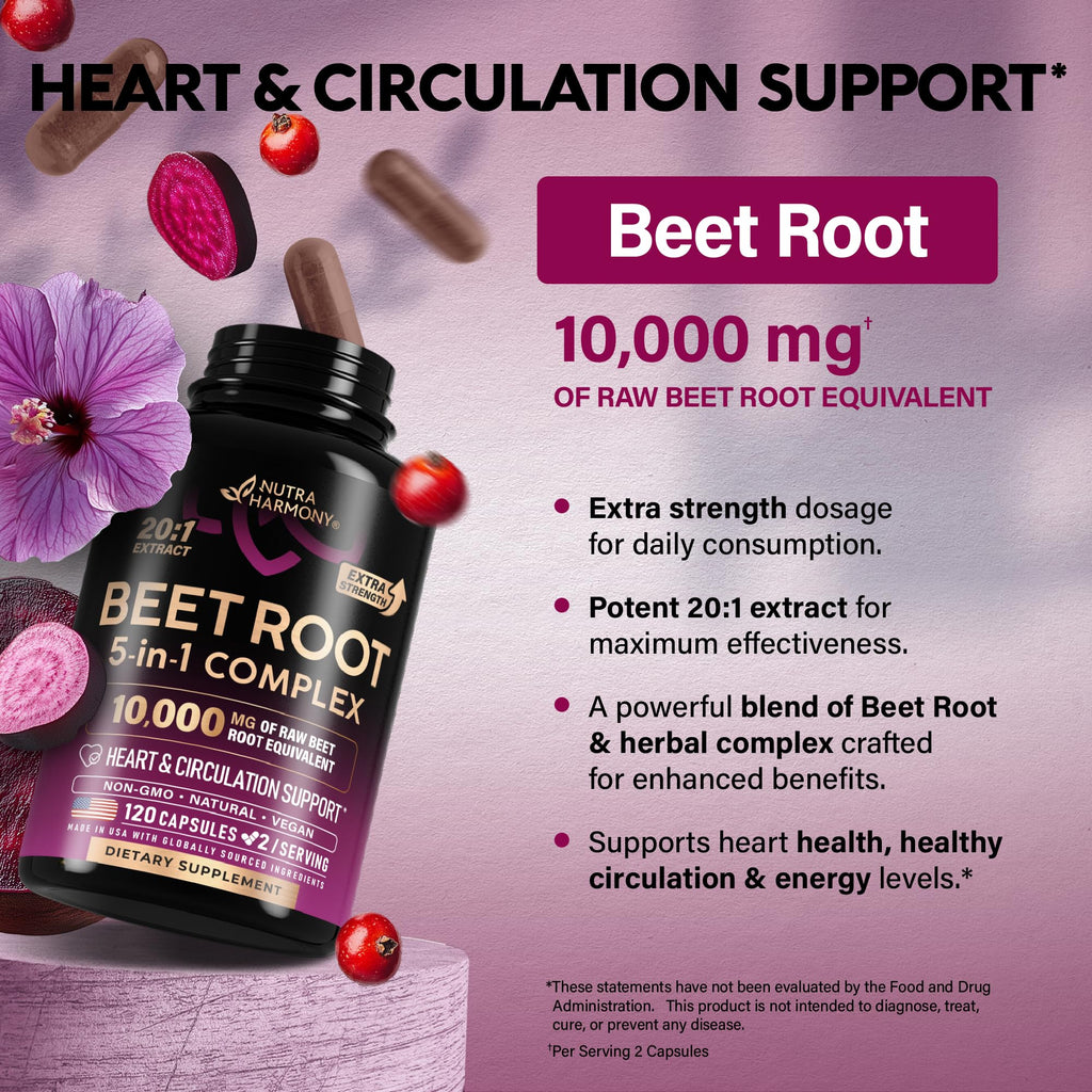 Beet Root 5-in-1 Complex Capsules - Healthy Blood Pressure Support Supplement for Heart & Circulation Support - Olive Leaf, Hawthorn Berry & Hibiscus - FENGGESTORE20