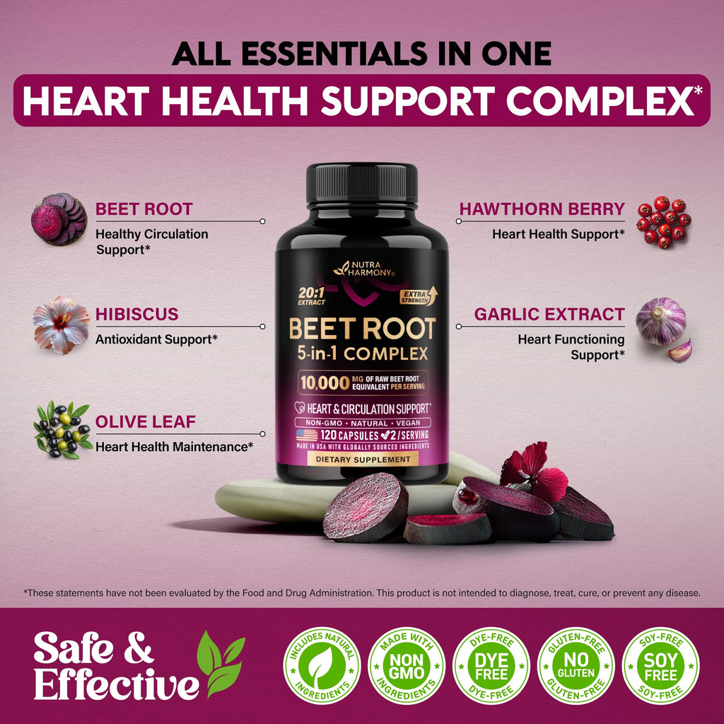 Beet Root 5-in-1 Complex Capsules - Healthy Blood Pressure Support Supplement for Heart & Circulation Support - Olive Leaf, Hawthorn Berry & Hibiscus - FENGGESTORE20