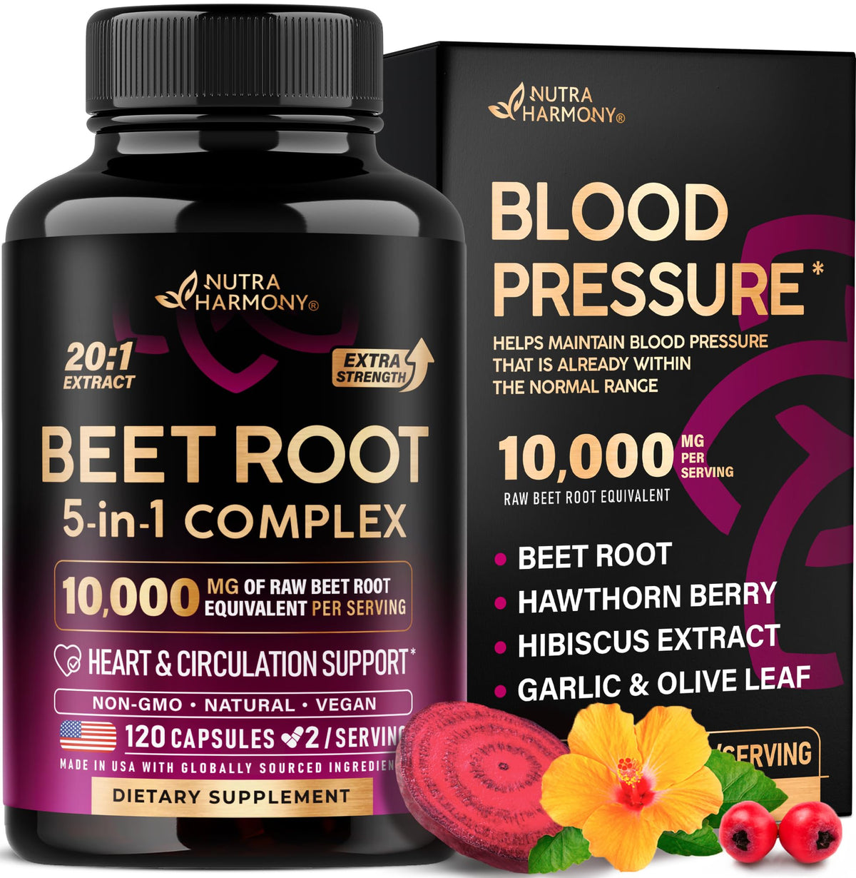 Beet Root 5-in-1 Complex Capsules - Healthy Blood Pressure Support Supplement for Heart & Circulation Support - Olive Leaf, Hawthorn Berry & Hibiscus - FENGGESTORE20