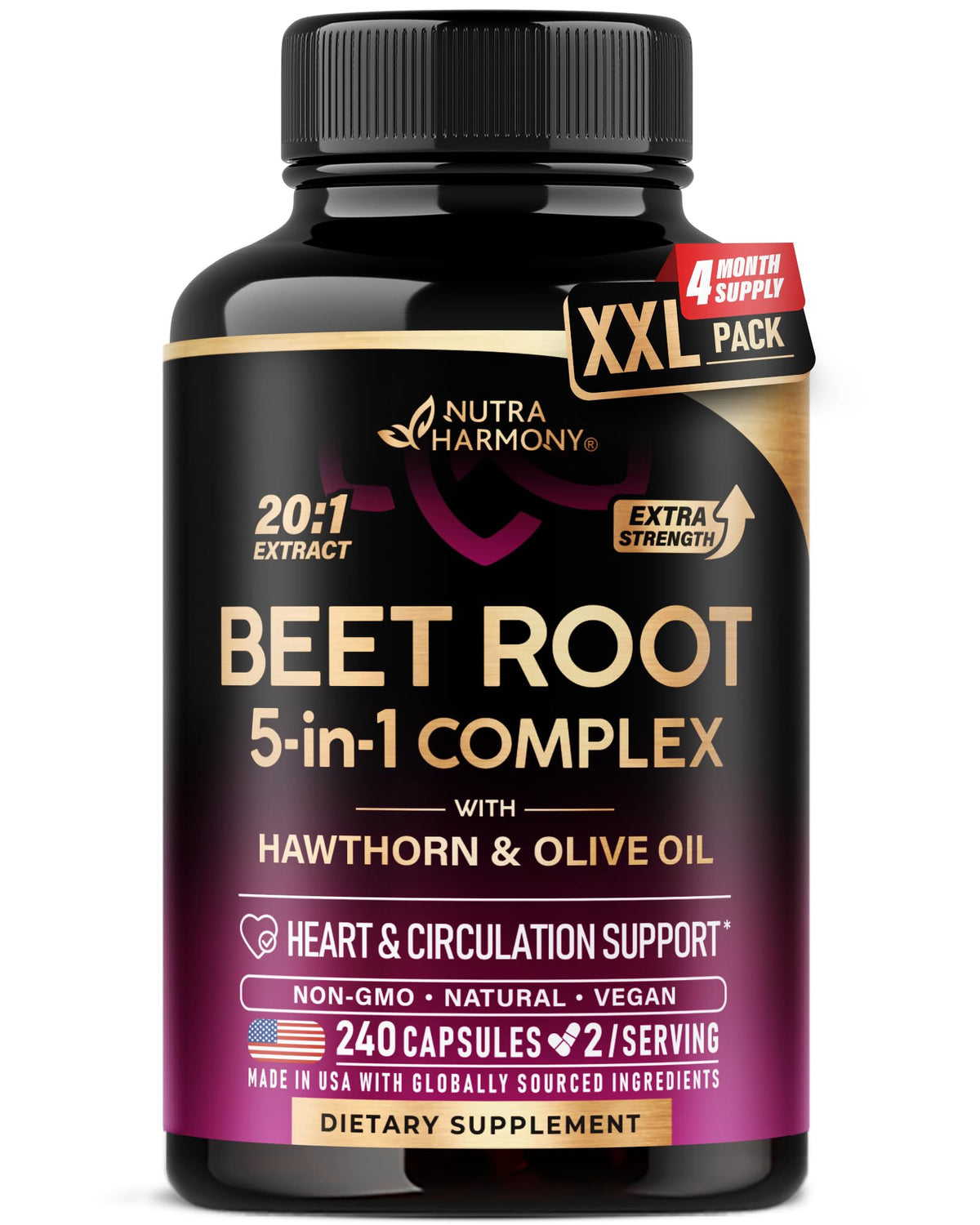 Beet Root 5-in-1 Complex Capsules - Healthy Blood Pressure Support Supplement** for Heart & Circulation Support - with Hawthorn Berry, Hibiscus & Garlic - FENGGESTORE20