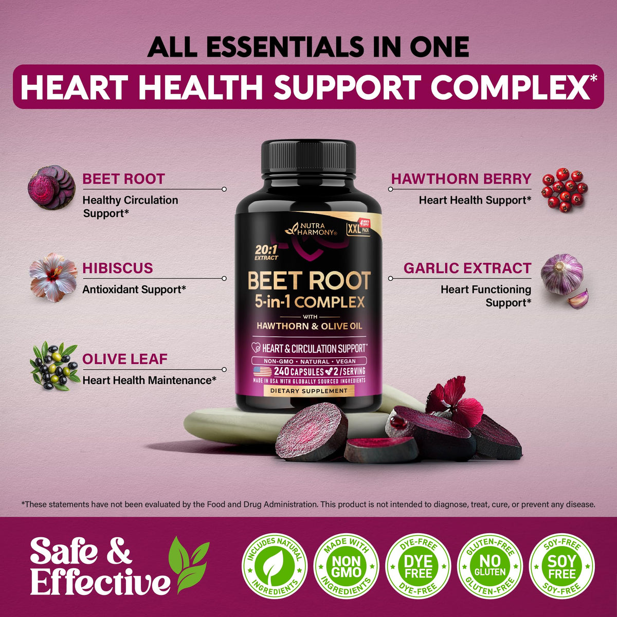 Beet Root 5-in-1 Complex Capsules - Healthy Blood Pressure Support Supplement** for Heart & Circulation Support - with Hawthorn Berry, Hibiscus & Garlic - FENGGESTORE20