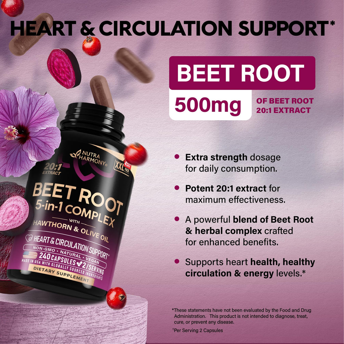 Beet Root 5-in-1 Complex Capsules - Healthy Blood Pressure Support Supplement** for Heart & Circulation Support - with Hawthorn Berry, Hibiscus & Garlic - FENGGESTORE20