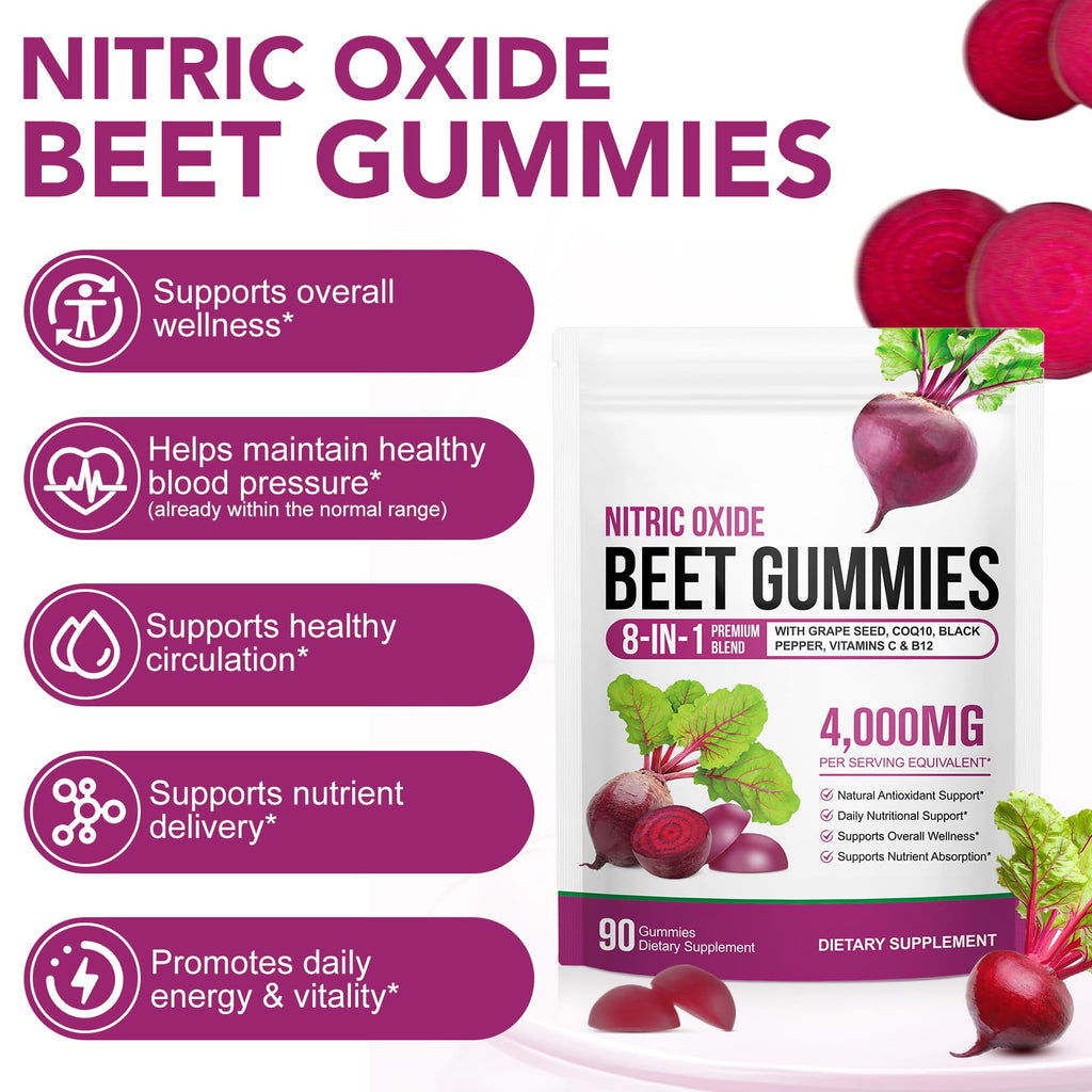 Beet Root Gummies Enriched with 200mg CoQ10 & Beet Root Extract for Blood Pressure, Heart Health Support, Energy Level Suport, Promoting Nitric Oxide - FENGGESTORE20
