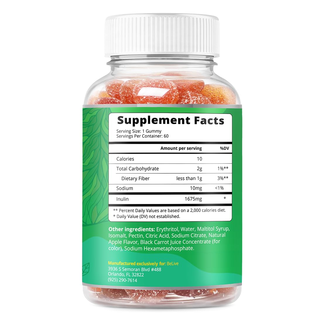 BeLive Fiber Gummies - Sugar Free Prebiotic Digestive Health and Regularity Supplement - Chicory Root & Inulin - FENGGESTORE20