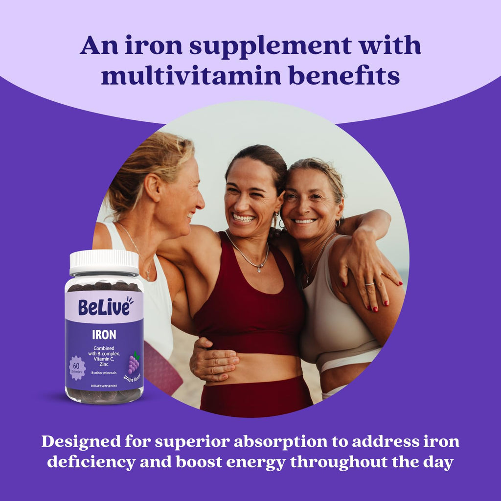 BeLive Iron Gummies - Multivitamin Supplement with Vitamin C, A, B & Zinc, Supports Blood Oxygen, Vegan Iron Supplements for Women, Men & Kids - FENGGESTORE20