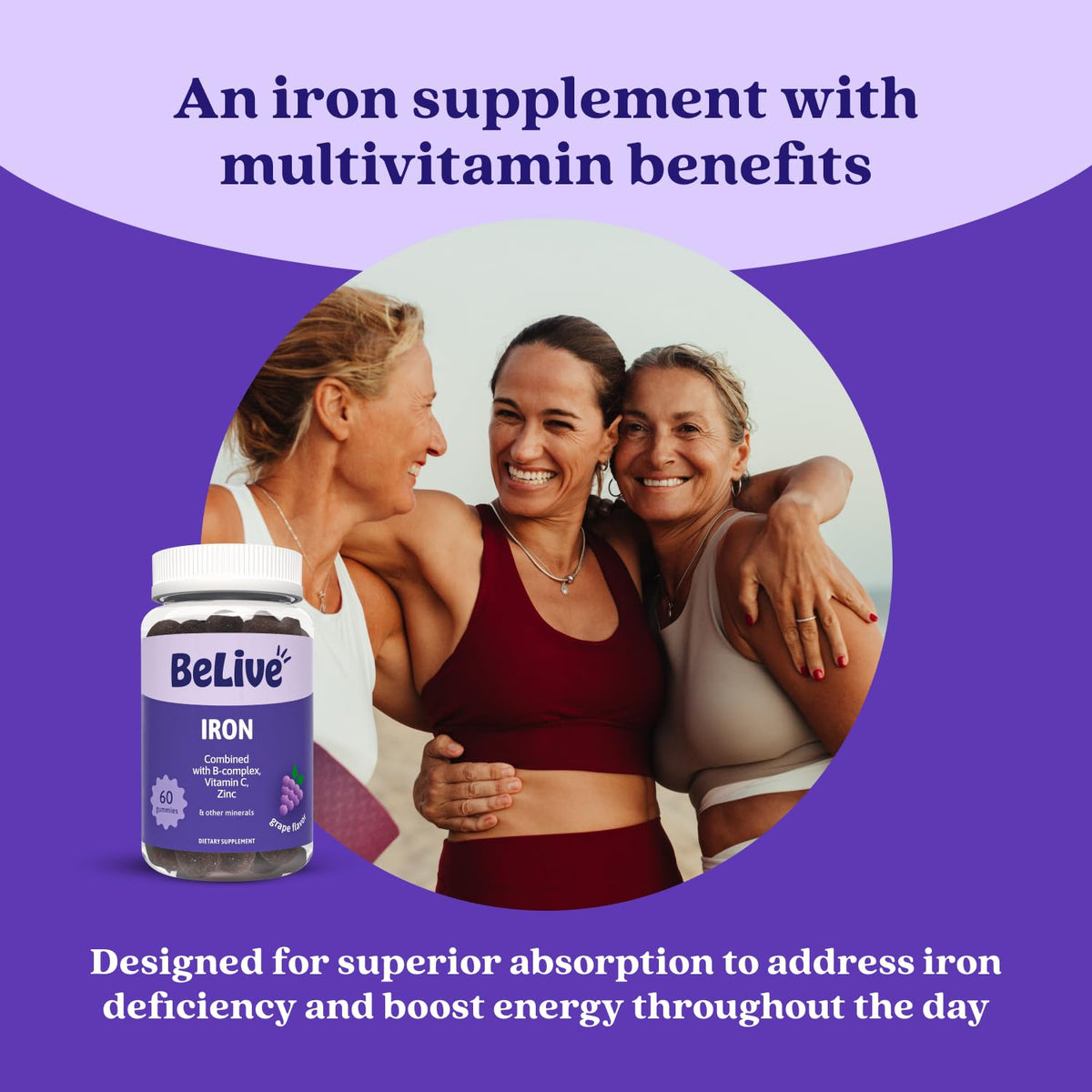 BeLive Iron Gummies - Multivitamin Supplement with Vitamin C, A, B & Zinc, Supports Blood Oxygen, Vegan Iron Supplements for Women, Men & Kids - FENGGESTORE20