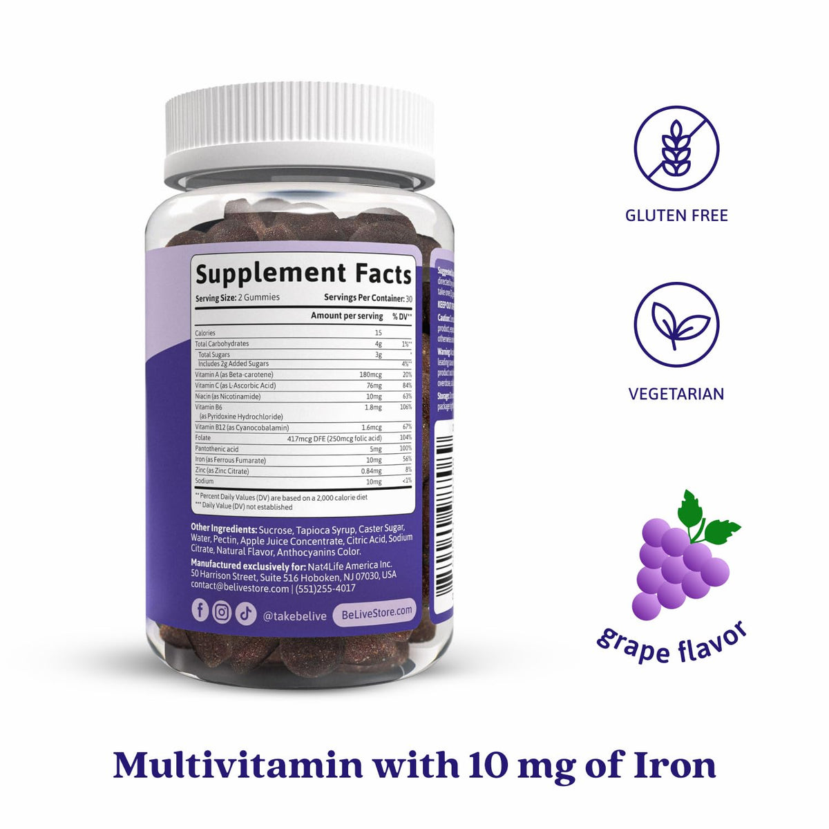 BeLive Iron Gummies - Multivitamin Supplement with Vitamin C, A, B & Zinc, Supports Blood Oxygen, Vegan Iron Supplements for Women, Men & Kids - FENGGESTORE20