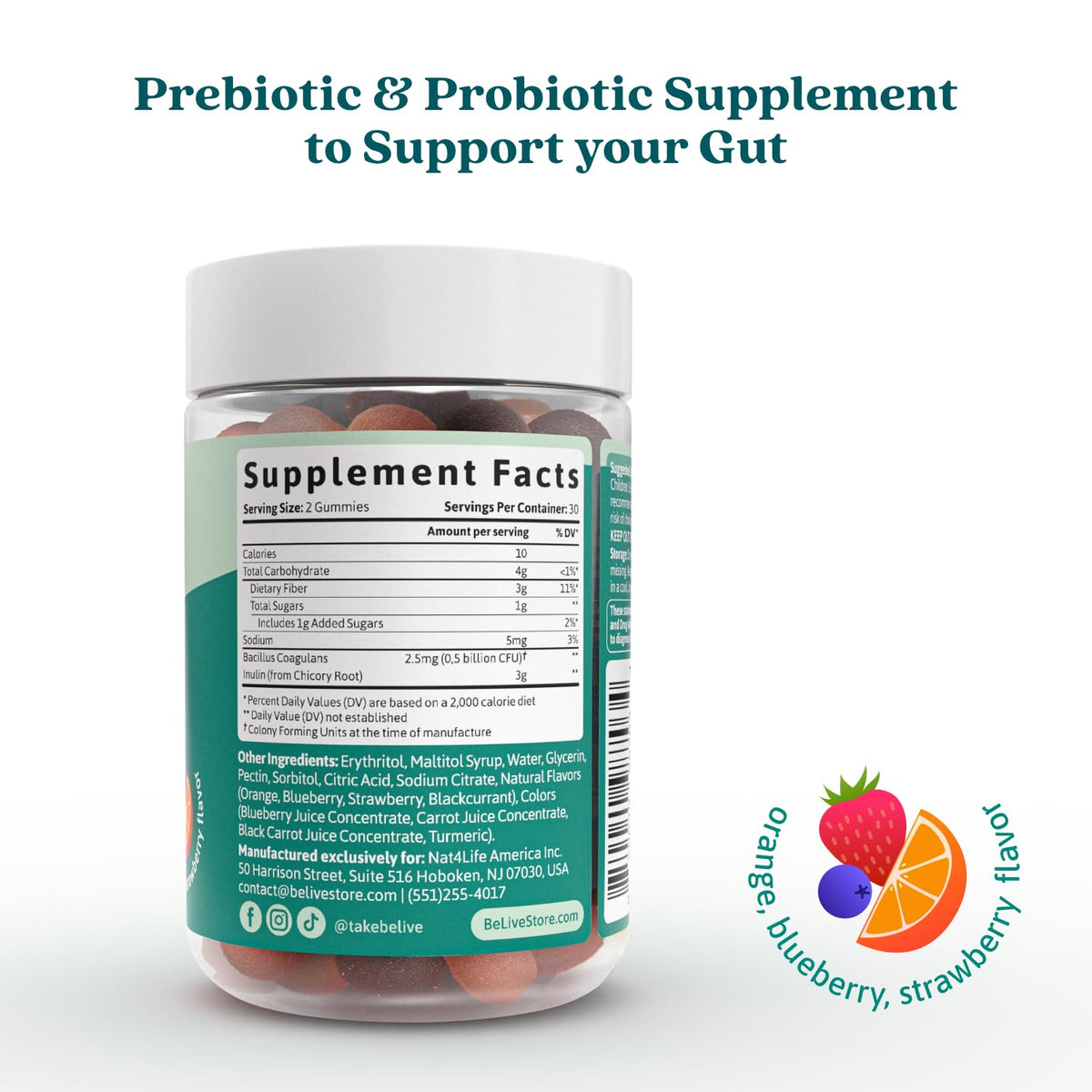 BeLive Synbiotics - Probiotic & Prebiotic Fiber Gummies – High Strength Inulin (3g), Dietary Fiber Supplement, Digestive Support for Kids & Adults - FENGGESTORE20