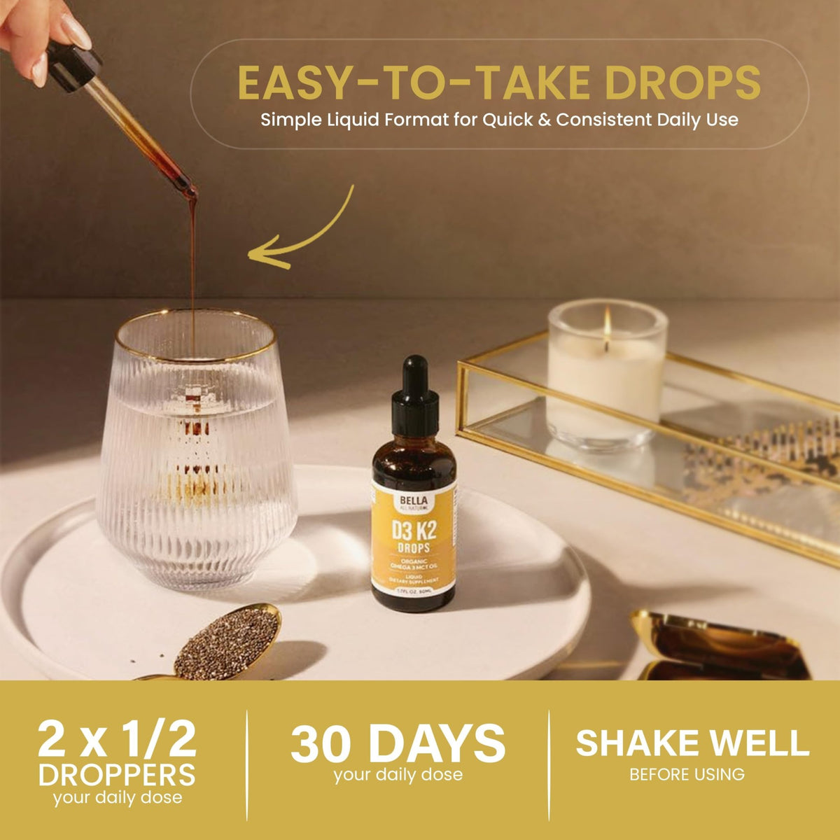 Bella All Natural Vitamin D3 K2 Liquid Drops 5000 IU (Unflavored) - Omega 3 with MCT Oil - FENGGESTORE20