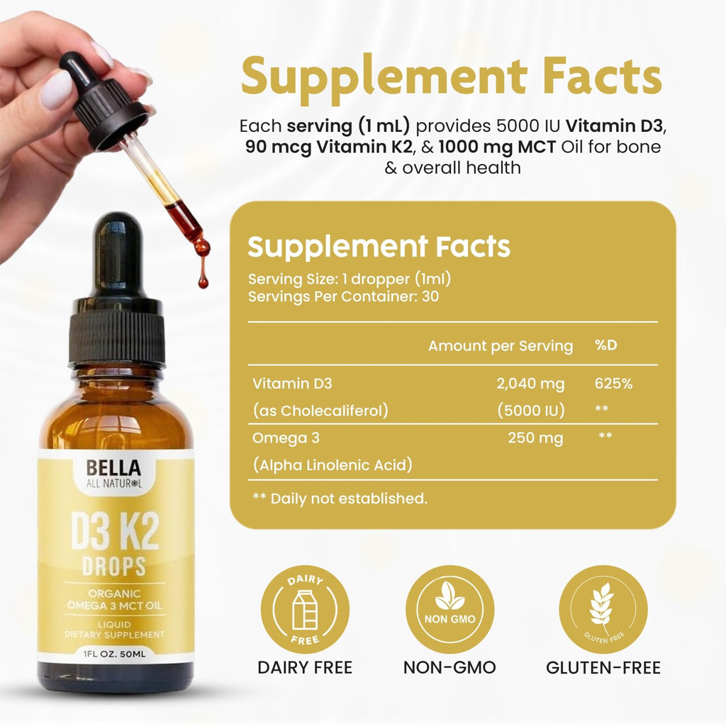 Bella All Natural Vitamin D3 K2 Liquid Drops 5000 IU (Unflavored) - Omega 3 with MCT Oil - FENGGESTORE20