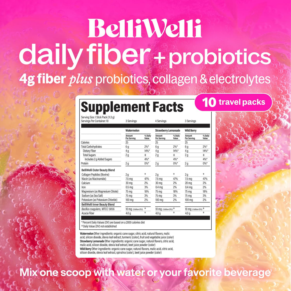 Belli Welli Daily Fiber Supplement Packets with Collagen, Probiotics & Electrolytes | Single Serve Packets for Gut Health - FENGGESTORE20