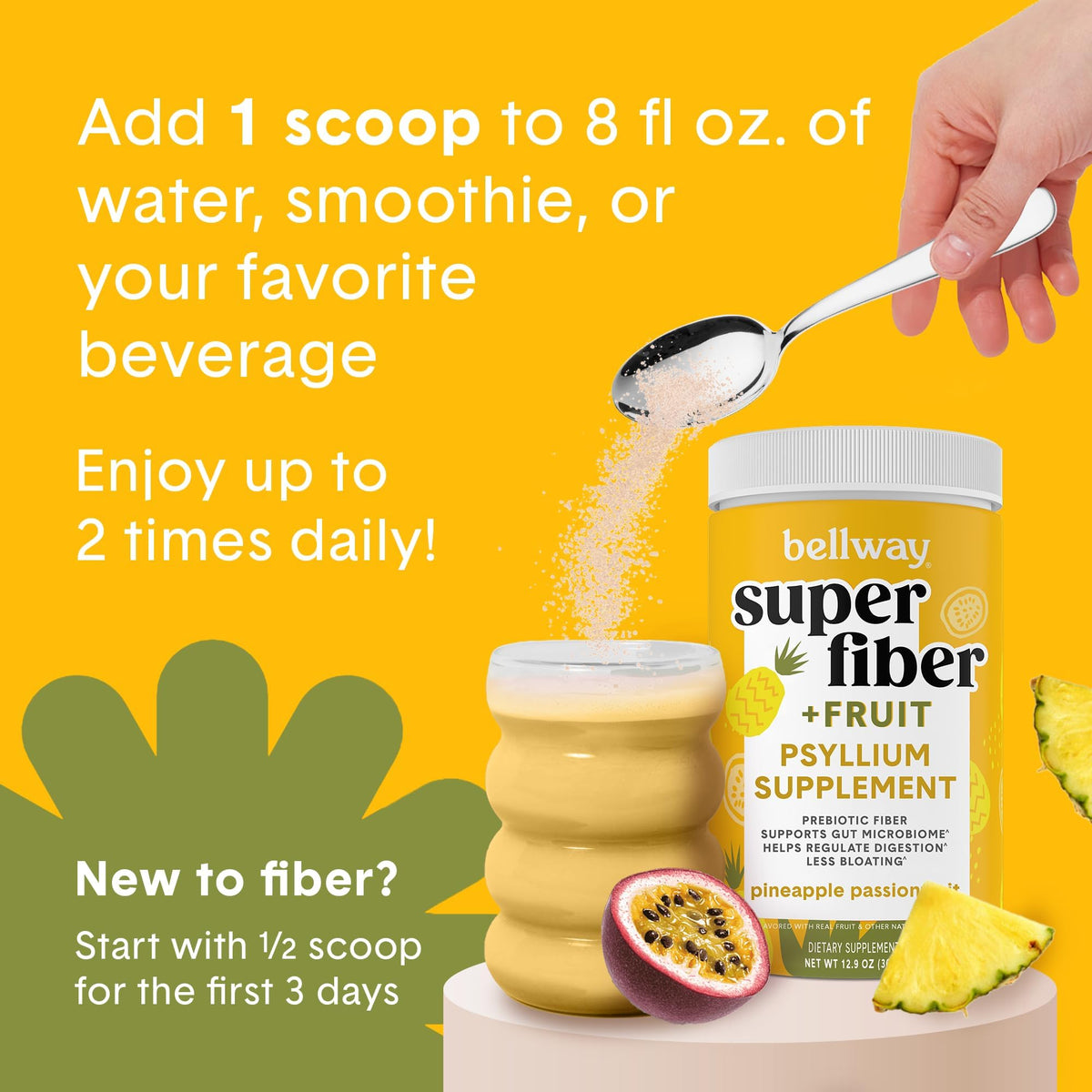 Bellway Super Fiber Powder + Fruit, Sugar Free Organic Psyllium Husk Powder Fiber Supplement for Regularity, Bloating Relief & Digestive Health, Plant-Based, - FENGGESTORE20
