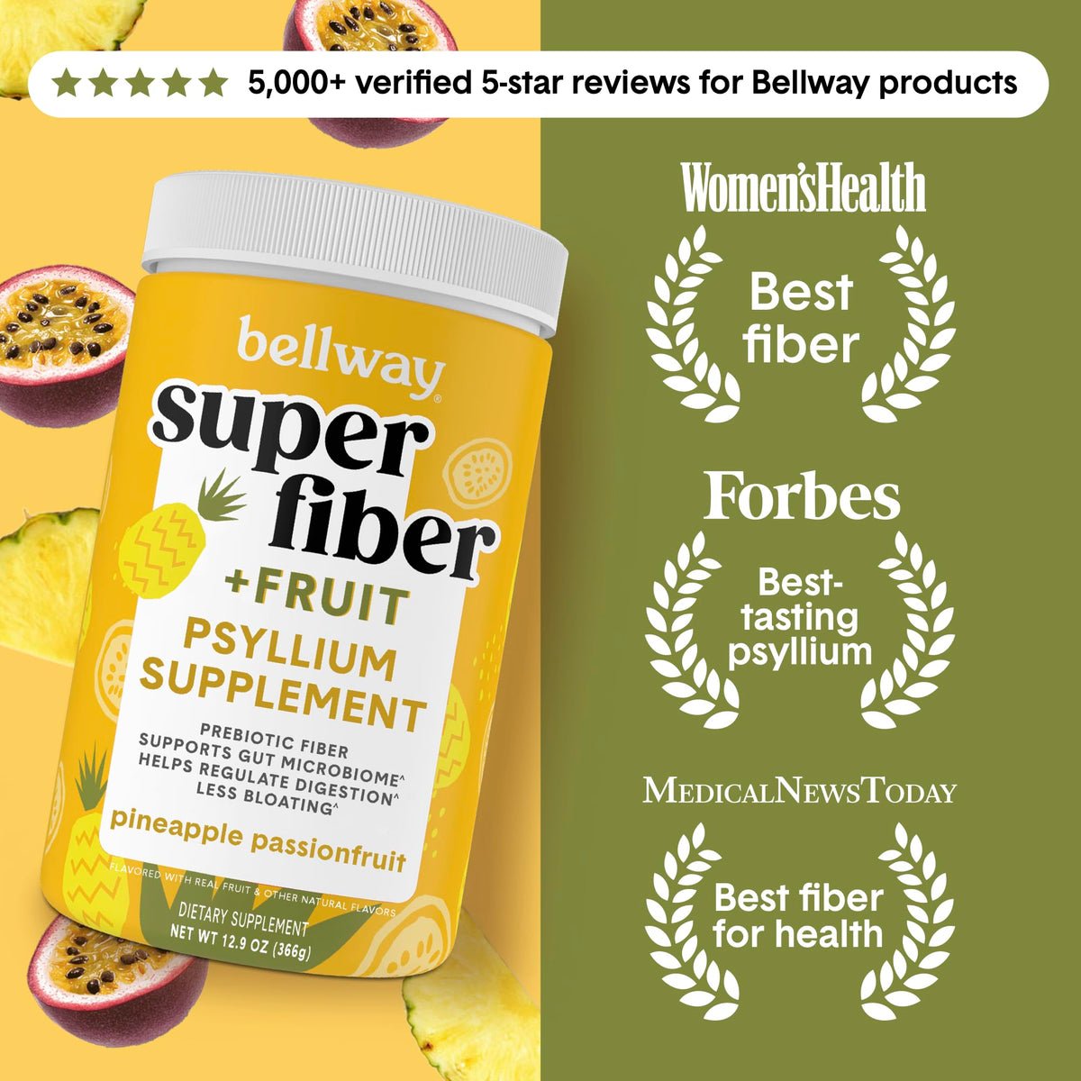 Bellway Super Fiber Powder + Fruit, Sugar Free Organic Psyllium Husk Powder Fiber Supplement for Regularity, Bloating Relief & Digestive Health, Plant-Based, - FENGGESTORE20
