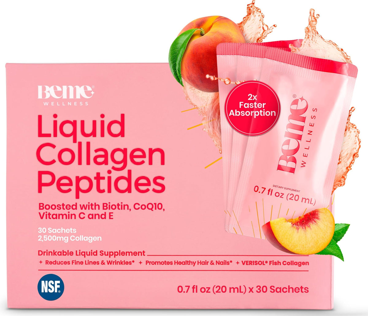 BeMe Liquid Collagen for Women - 2500mg Verisol Collagen Liquid with Biotin, CoQ10 & Vitamin C - Clinically Proven Collagen Peptides for Hair, Skin & Nails - 30 Peach Sachets - FENGGESTORE20