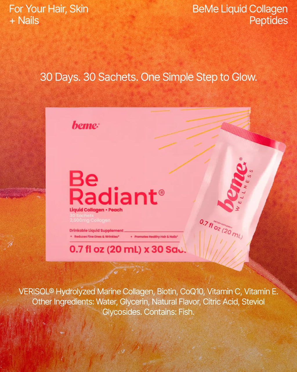 BeMe Liquid Collagen for Women - 2500mg Verisol Collagen Liquid with Biotin, CoQ10 & Vitamin C - Clinically Proven Collagen Peptides for Hair, Skin & Nails - 30 Peach Sachets - FENGGESTORE20