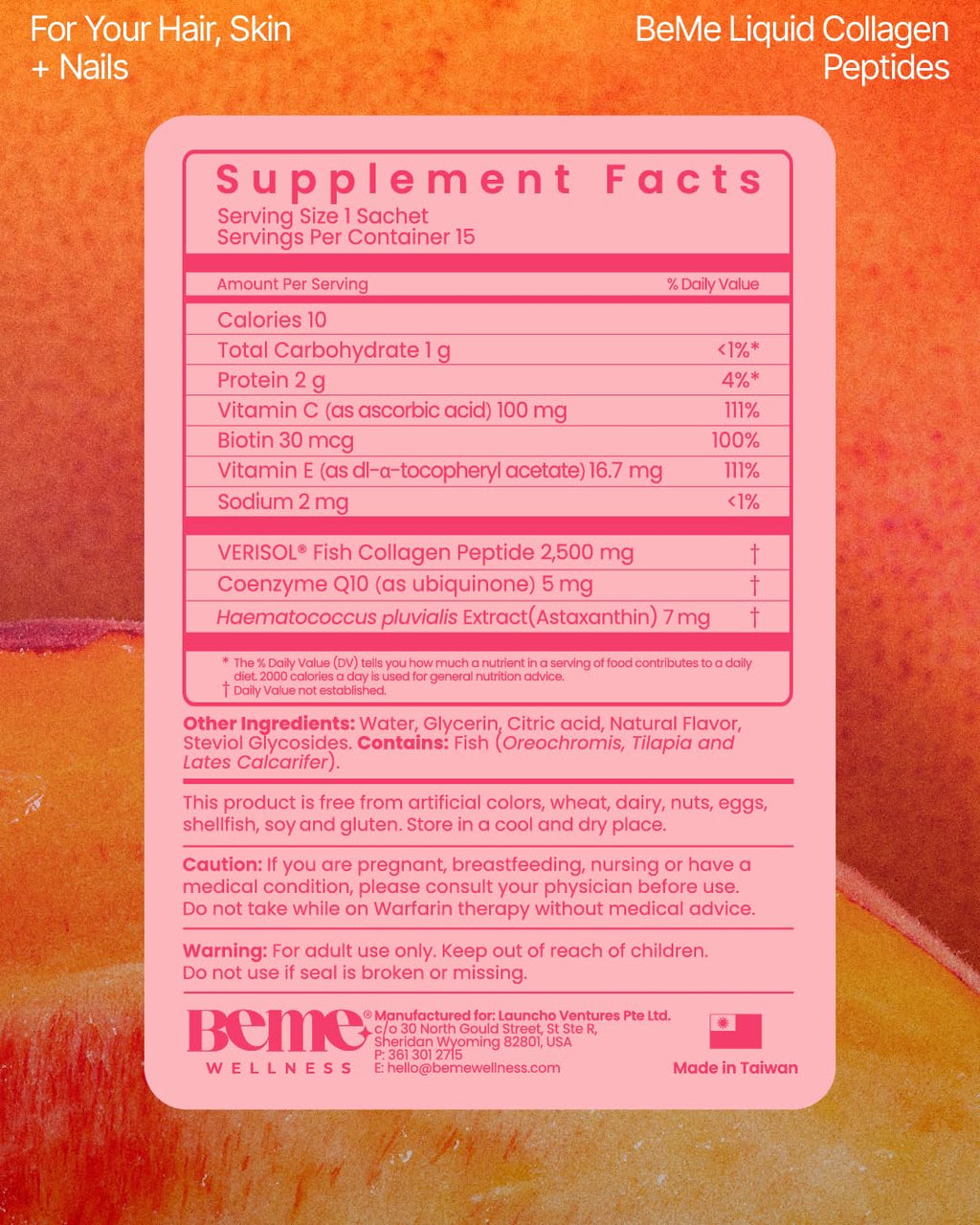 BeMe Liquid Collagen for Women - 2500mg Verisol Collagen Liquid with Biotin, CoQ10 & Vitamin C - Clinically Proven Collagen Peptides for Hair, Skin & Nails - 30 Peach Sachets - FENGGESTORE20
