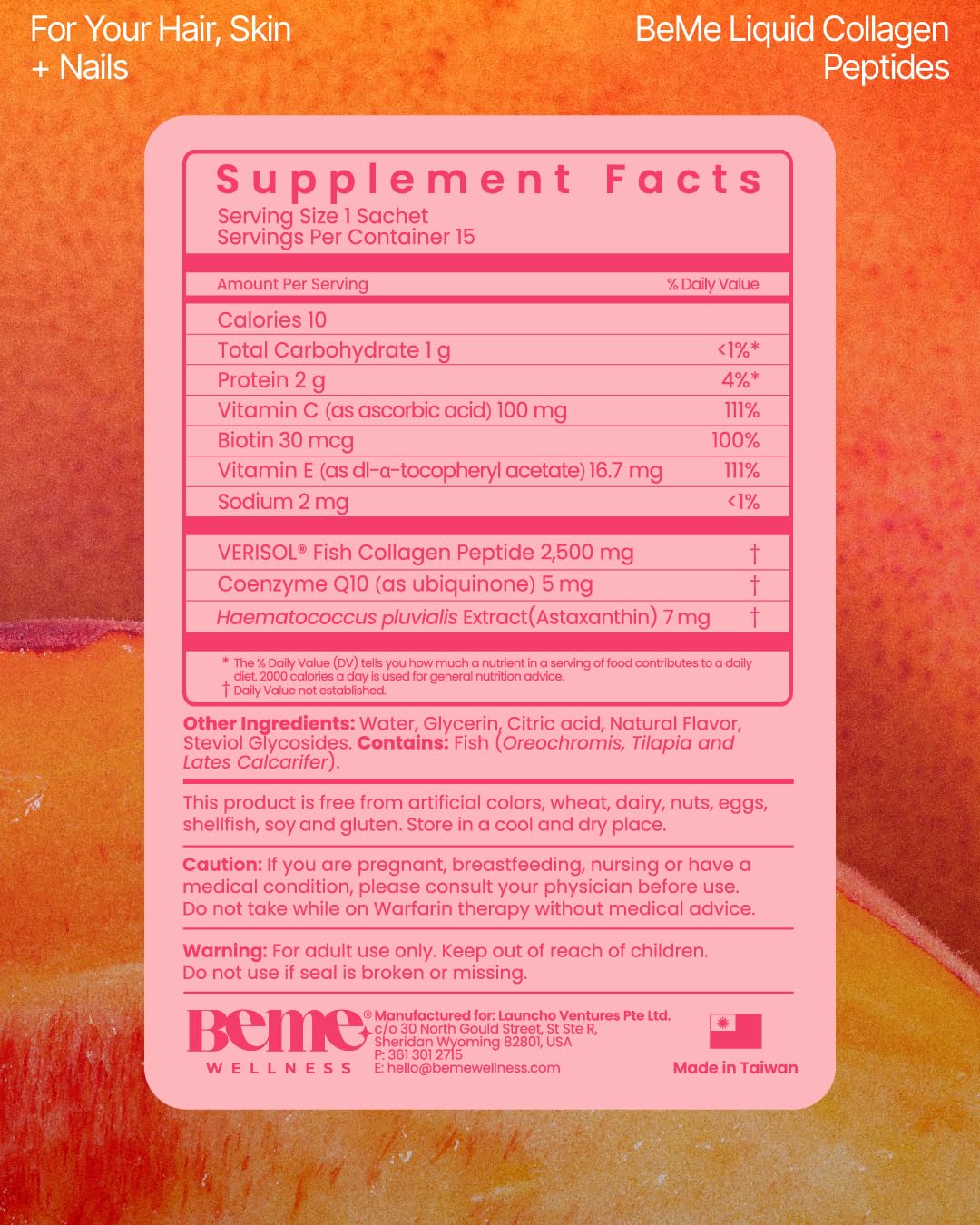 BeMe Liquid Collagen for Women - 2500mg Verisol Collagen Liquid with Biotin, CoQ10 & Vitamin C - Clinically Proven Collagen Peptides for Hair, Skin & Nails - 30 Peach Sachets - FENGGESTORE20