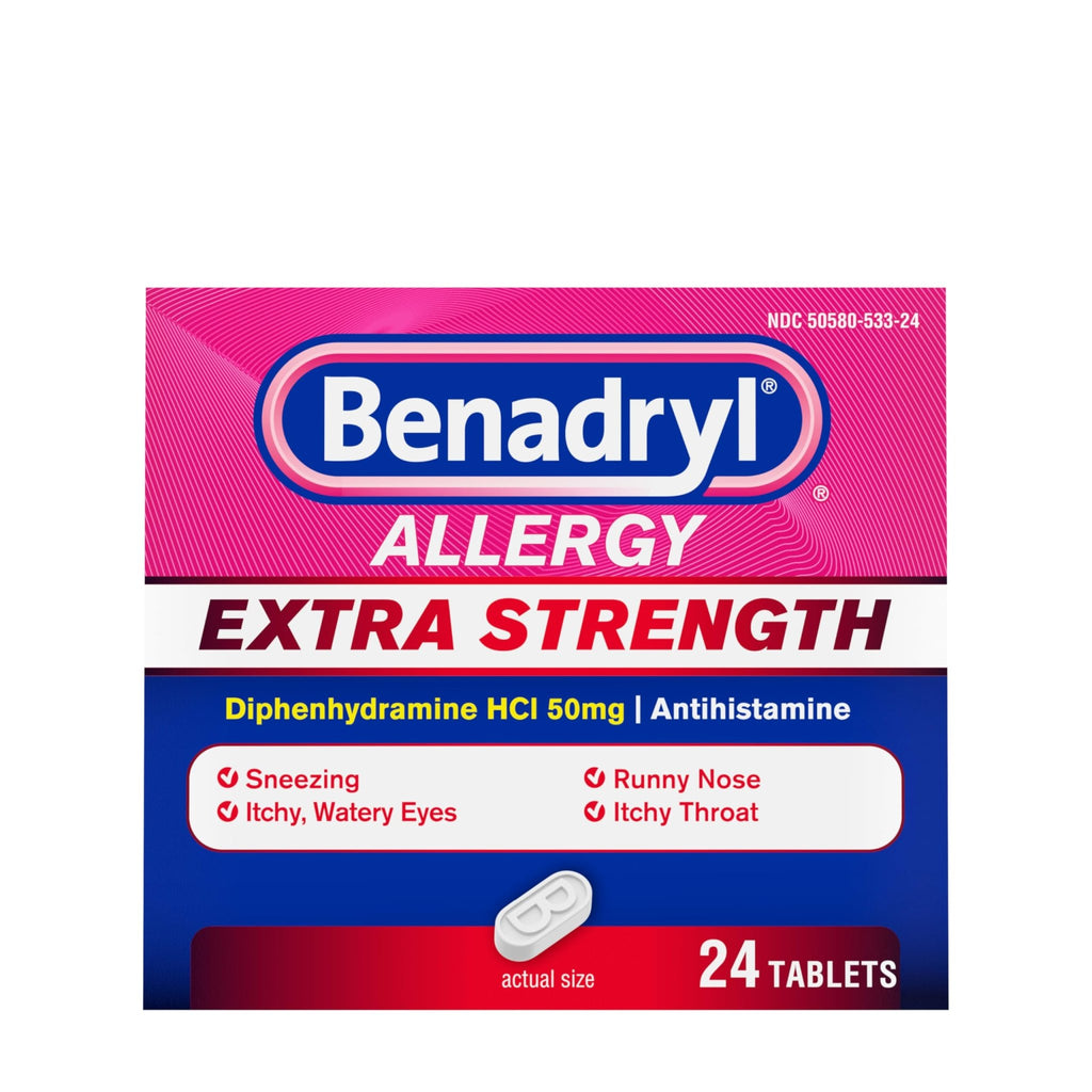Benadryl Extra Strength Allergy Relief Medicine, 50 mg Diphenhydramine HCl Antihistamine Tablets for Relief of Allergy Symptoms Due to Hay Fever or Other Upper Respiratory Allergies, 24 ct - FENGGESTORE20