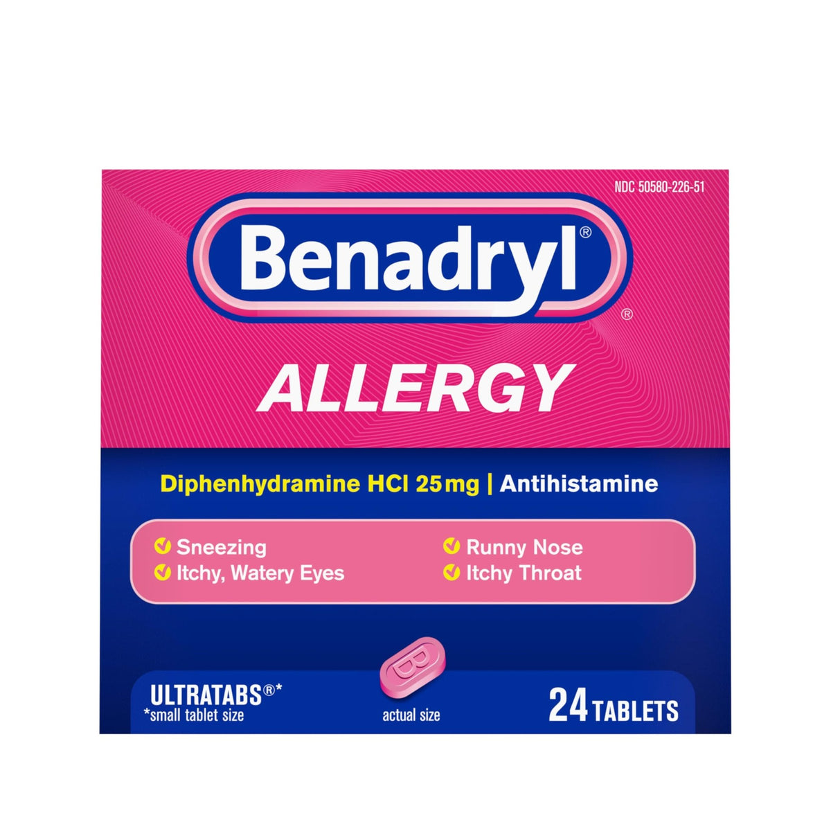 Benadryl Ultratabs Allergy Relief Medicine, 25 mg Diphenhydramine HCl Antihistamine Tablets For Relief of Cold & Allergy Symptoms Like Sneezing, Runny Nose, & Itchy Eyes & Throat, 24 ct - FENGGESTORE20
