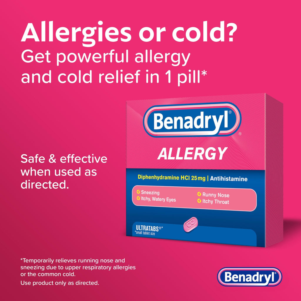 Benadryl Ultratabs Allergy Relief Medicine, 25 mg Diphenhydramine HCl Antihistamine Tablets For Relief of Cold & Allergy Symptoms Like Sneezing, Runny Nose, & Itchy Eyes & Throat, 24 ct - FENGGESTORE20