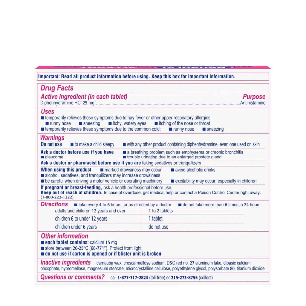 Benadryl Ultratabs Allergy Relief Medicine, 25 mg Diphenhydramine HCl Antihistamine Tablets For Relief of Cold & Allergy Symptoms Like Sneezing, Runny Nose, & Itchy Eyes & Throat, 24 ct - FENGGESTORE20