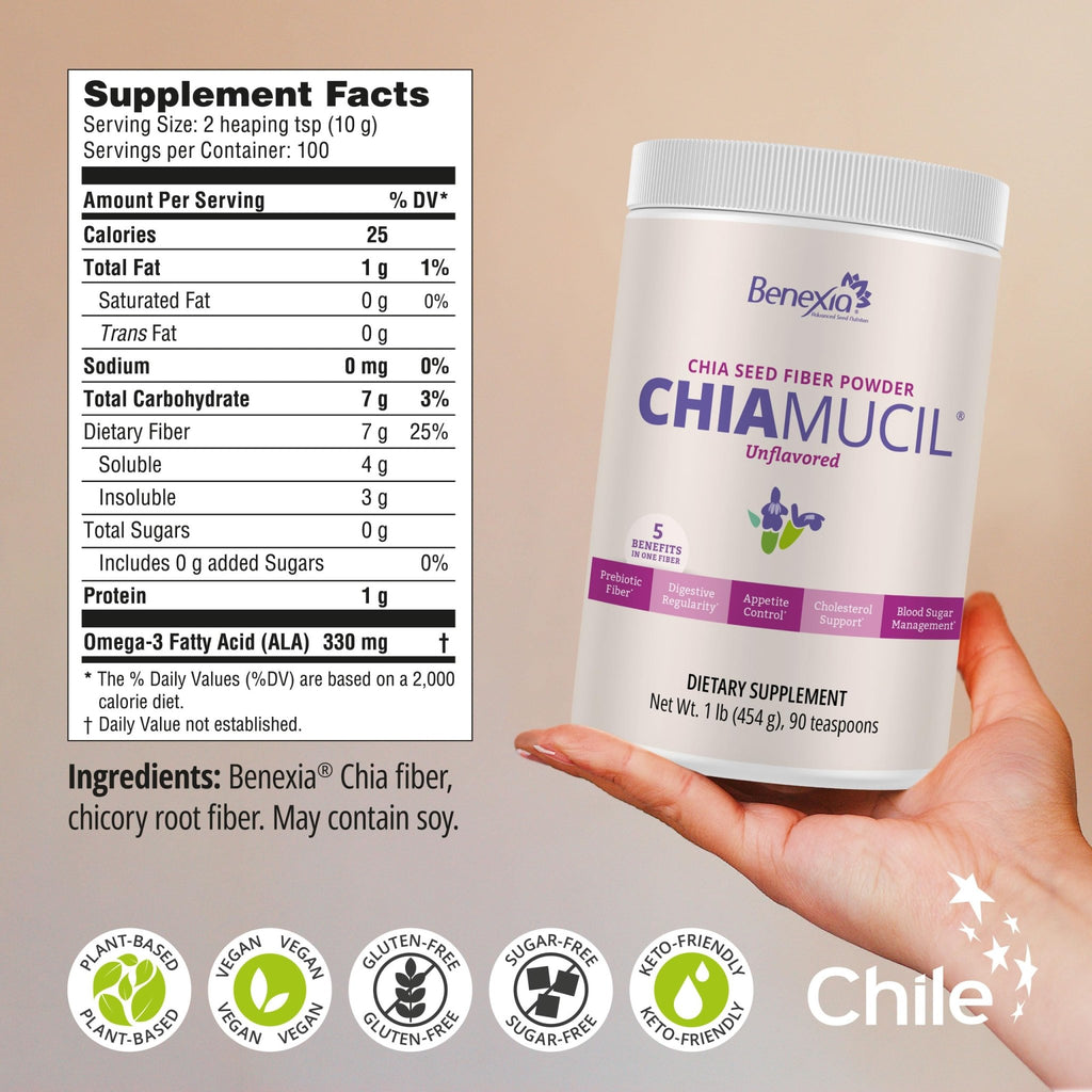BENEXIA Chiamucil Prebiotic Chia Fiber Supplement Powder – for Appetite Control & Digestive Health – Chia Fiber & Chicory Root (Inulin) – Gluten & Sugar Free, Vegan - FENGGESTORE20