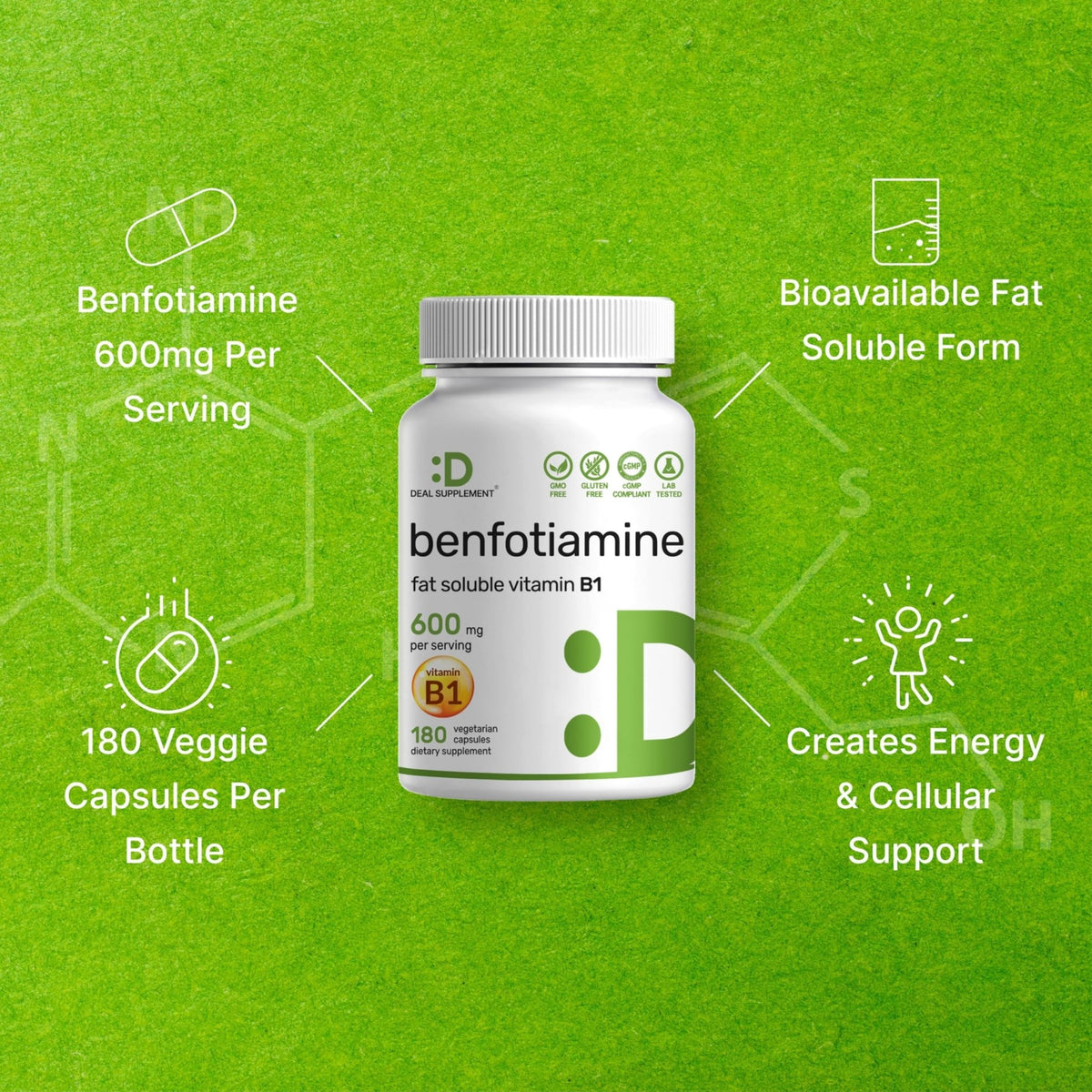 Benfotiamine 600mg Per Serving, 180 Veggie Capsules (300mg Per Cap) – Fat Soluble Vitamin B1 Thiamine Supplement - FENGGESTORE20