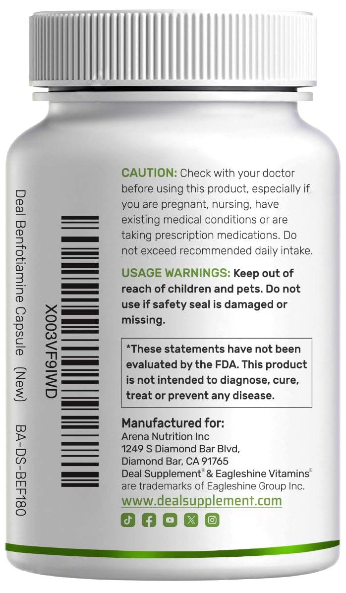 Benfotiamine 600mg Per Serving, 180 Veggie Capsules (300mg Per Cap) – Fat Soluble Vitamin B1 Thiamine Supplement - FENGGESTORE20
