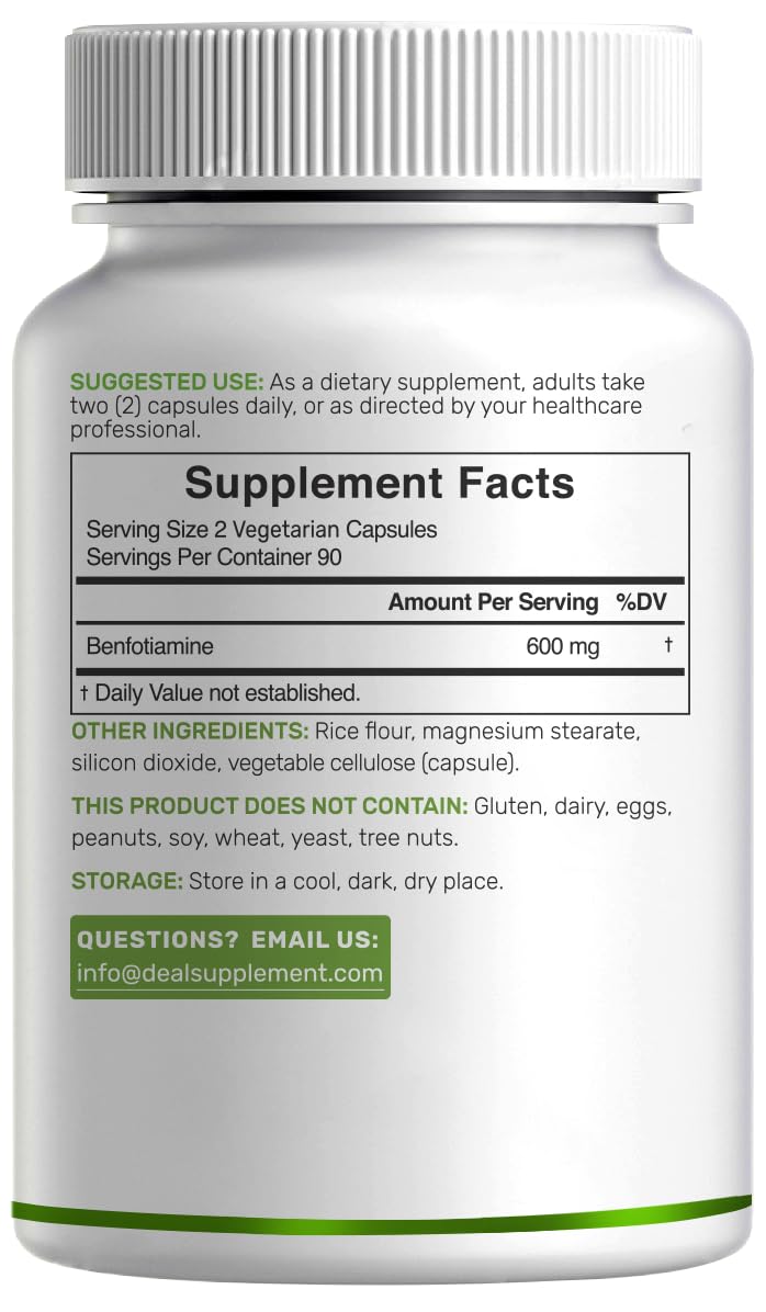 Benfotiamine 600mg Per Serving, 180 Veggie Capsules (300mg Per Cap) – Fat Soluble Vitamin B1 Thiamine Supplement - FENGGESTORE20