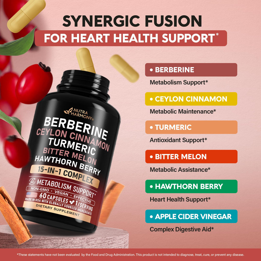 Berberine with Ceylon Cinnamon | Bitter Melon (Karela) | Apple Cider Vinegar | Hawthorn Berry | Citrus Bergamot | Turmeric - 15-in-1 Supplement for Heart Support - FENGGESTORE20