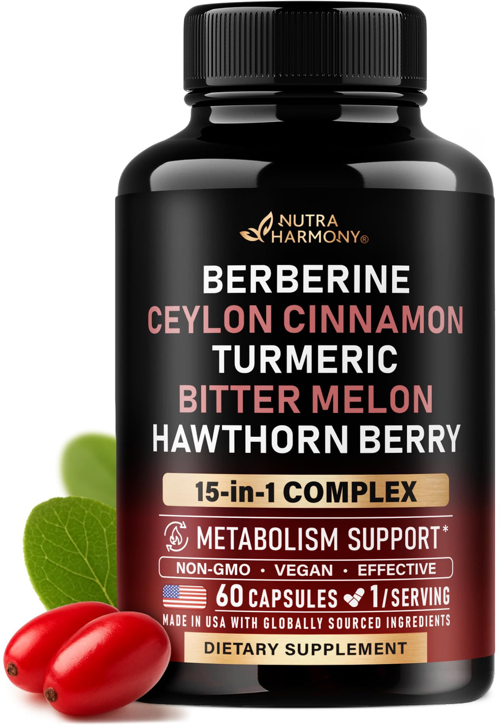 Berberine with Ceylon Cinnamon | Bitter Melon (Karela) | Apple Cider Vinegar | Hawthorn Berry | Citrus Bergamot | Turmeric - 15-in-1 Supplement for Heart Support - FENGGESTORE20