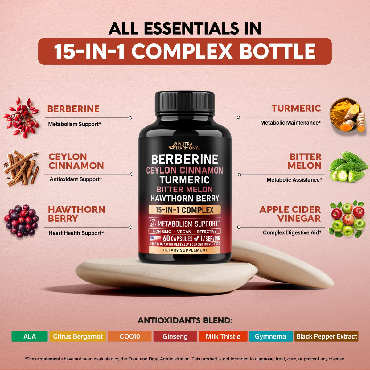 Berberine with Ceylon Cinnamon | Bitter Melon (Karela) | Apple Cider Vinegar | Hawthorn Berry | Citrus Bergamot | Turmeric - 15-in-1 Supplement for Heart Support - FENGGESTORE20