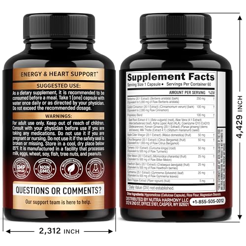 Berberine with Ceylon Cinnamon | Bitter Melon (Karela) | Apple Cider Vinegar | Hawthorn Berry | Citrus Bergamot | Turmeric - 15-in-1 Supplement for Heart Support - FENGGESTORE20