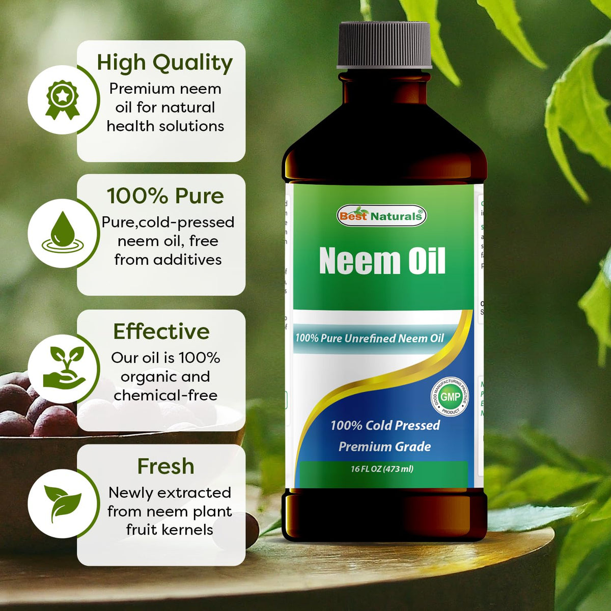 Best Naturals 100% Pure Neem Oil, 100% Cold Pressed and Unrefined - 16 OZ (1 Bottle) - FENGGESTORE20