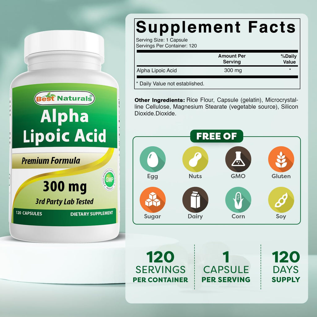 Best Naturals Alpha Lipoic Acid 300 mg 120 Capsules - FENGGESTORE20