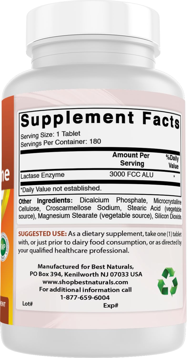 Best Naturals Fast Acting Lactase Enzyme Tablet, 3000 Fcc Alu, 180 Count - FENGGESTORE20