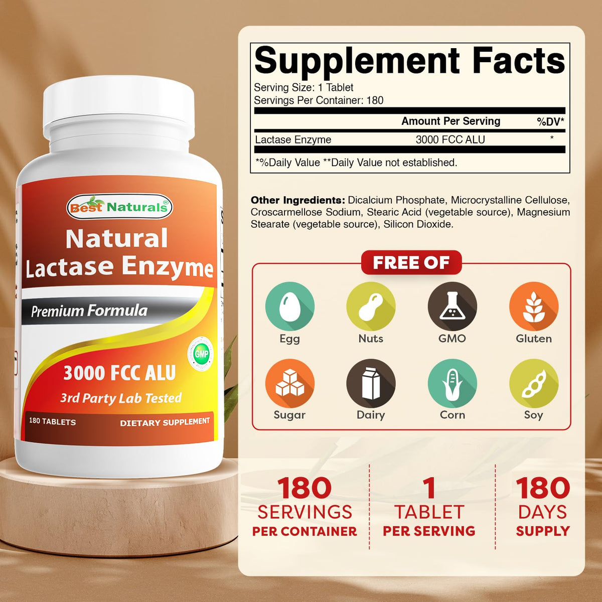 Best Naturals Fast Acting Lactase Enzyme Tablet, 3000 Fcc Alu, 180 Count - FENGGESTORE20