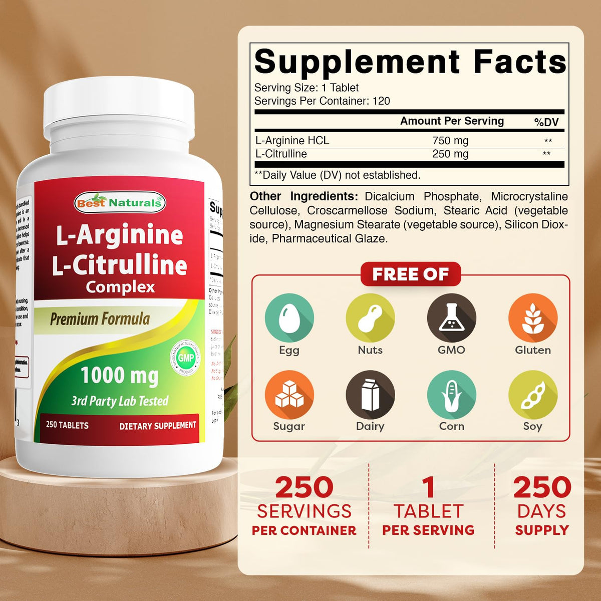 Best Naturals L-Arginine L-Citruline Complex Tablets, 250 Count - FENGGESTORE20
