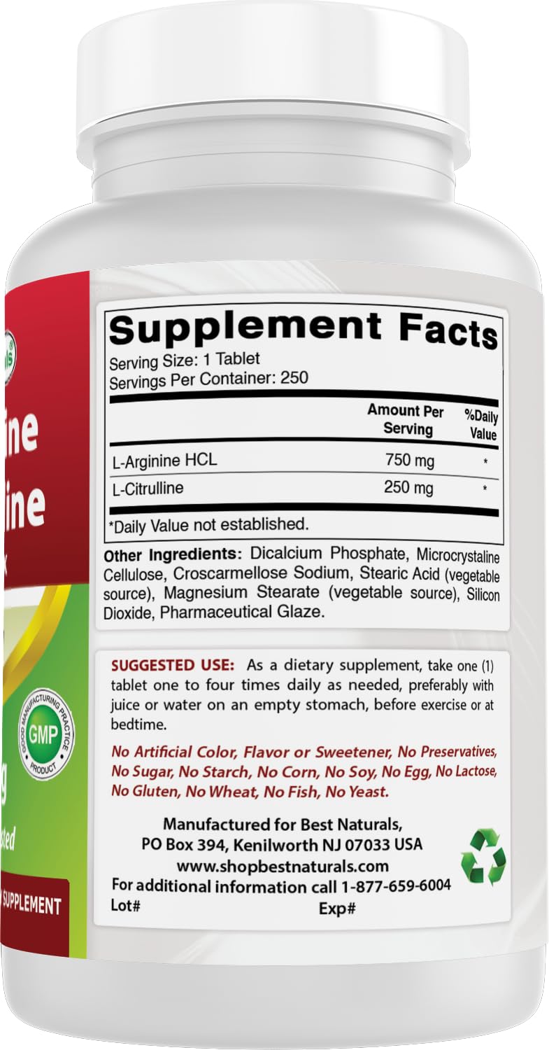 Best Naturals L-Arginine L-Citruline Complex Tablets, 250 Count - FENGGESTORE20